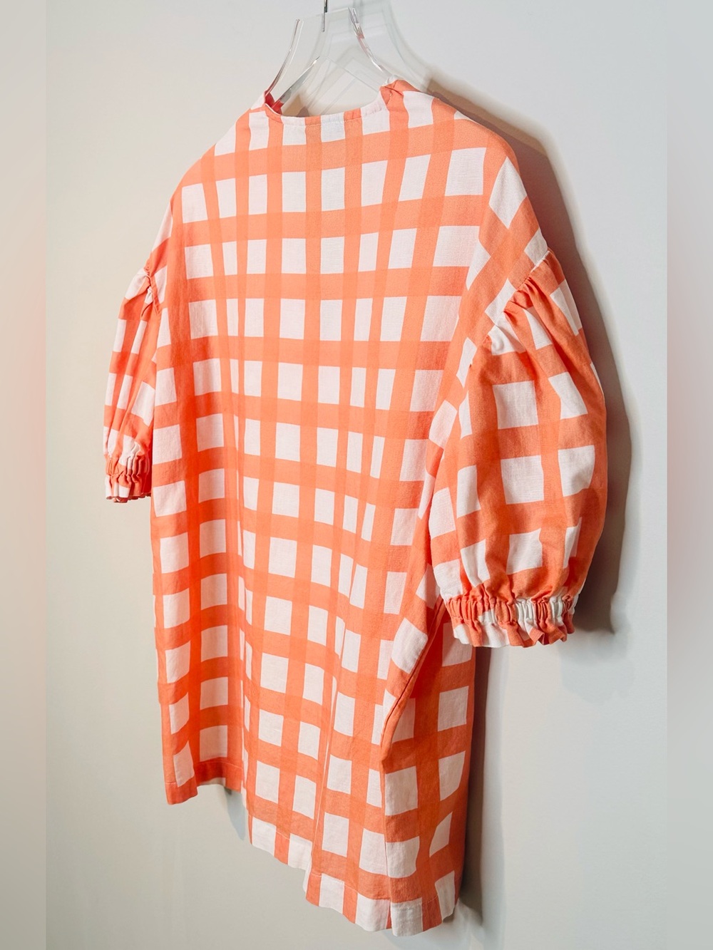 Brooke Wright Orange White Gingham V-Neck Puff Sleeve Tunic Blouse Shirt Top - Picture 6 of 10